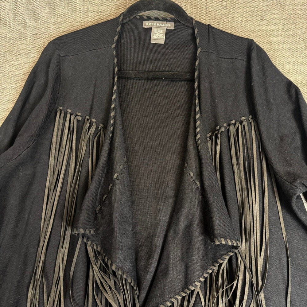 Kate & Malloy Womens 2X Black leather Fringe Open Front Cardigan Whipstitch Trim